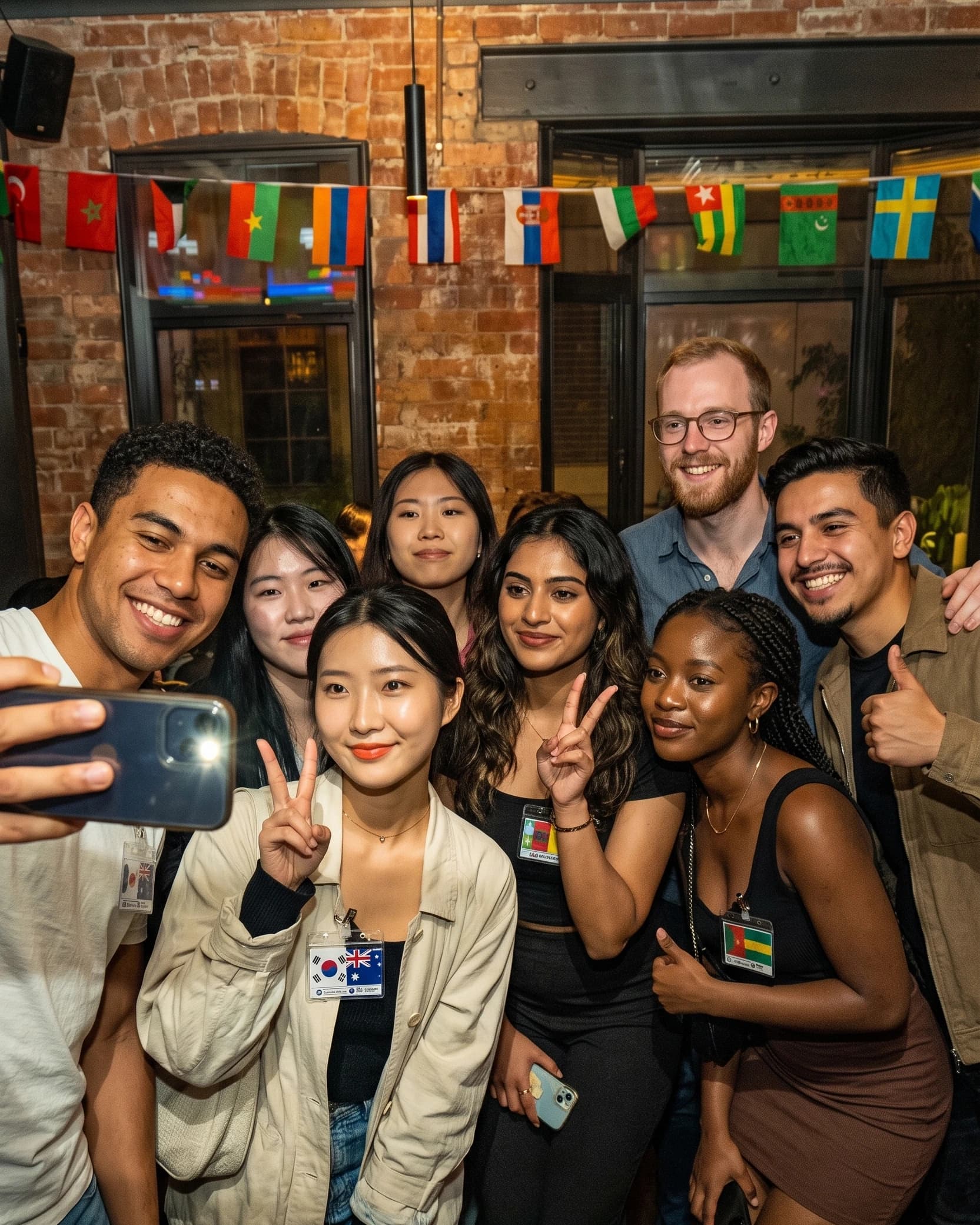 A diverse group of language-exchange regulars posing under strings of flags